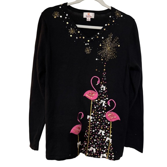 Quacker Factory Sweaters - Quacker Factory Pink Flamingo‎ Christmas Tree Sweater Sequin Beaded Whimsical M